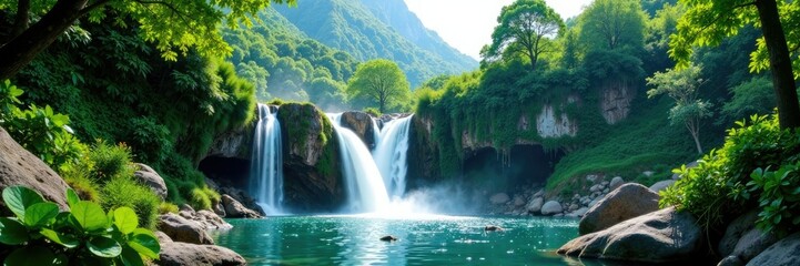 Fototapeta premium Waterfall in the mountains amidst lush greenery and tall trees, green, plants, waterfall