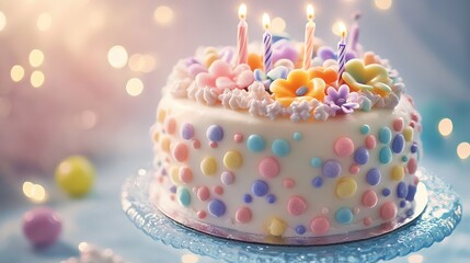 A whimsical birthday cake topped with candy flowers and miniature pastel-colored decorations