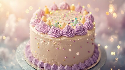 A whimsical birthday cake with pastel icing and tiny edible decorations surrounded by sparkles
