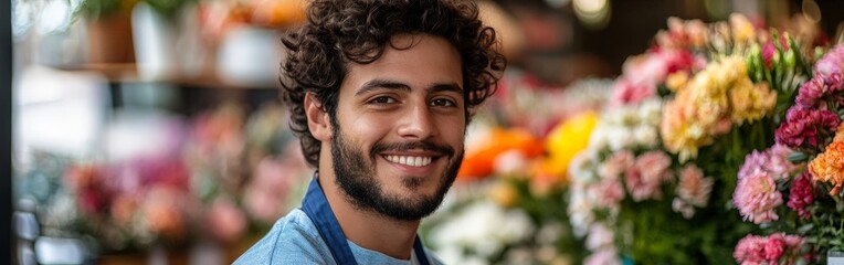 Obraz premium Young male florist smiling in a colorful flower shop. Perfect for small business promotion and lifestyle blogs.