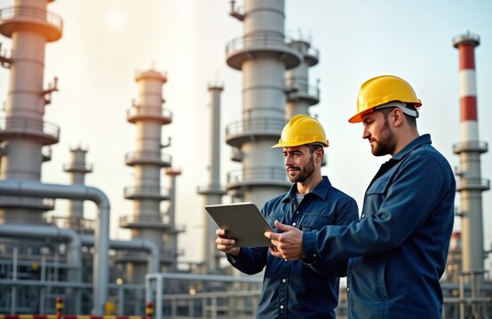 Two petroleum engineers in yellow hard hats examine digital tablet at oil refinery. Seem to inspect oil distillation processes. Industrial setting with large tanks, pipes. Engineers discuss tech