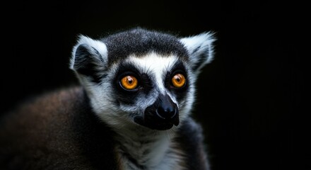Fototapeta premium Close-up of a lemur with striking orange eyes against a dark background