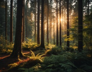 Obraz premium Golden Hour Sunlight Streams Through Majestic Forest, Illuminating Lush Ferns and Ancient Trees