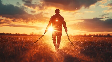 Salvation concept, man breaking from chains of sins, emerging into a bright and hopeful future. christian cross on the top, saved