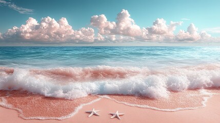 Obraz premium Illustration of Pink Sand Beach, Ocean Waves, Starfish, and Cloudscape