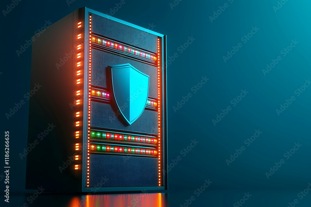 Poster a modern server with colorful lights and a shield symbol, representing cybersecurity and data protec