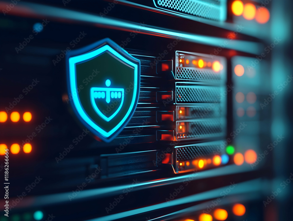 Aufkleber a close-up of a server rack featuring a glowing security shield, highlighting data protection in a d