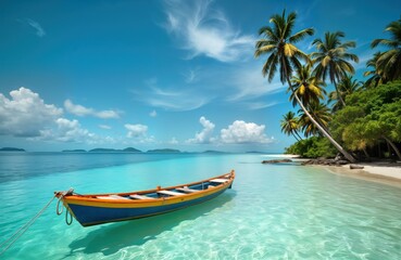 Tropical paradise with turquoise water, colorful boat. Calm sea with white sand beach, coconut palms. Peaceful scene. Vacation destination. Island paradise. Relaxation, serenity. Tranquil atmosphere.