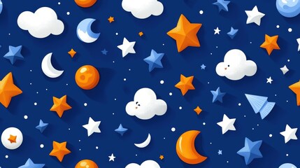 Playful seamless pattern with hand-drawn doodles of stars, clouds, and moons perfect for children s clothing or decor