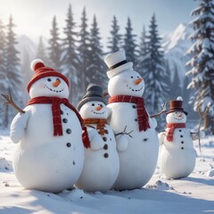 Obraz premium A group of snowmen standing together in a winter landscape, looking happy and content , snowy friends, winter wonderland