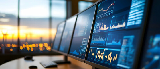 A modern workspace featuring multiple screens displaying data analytics against a sunset backdrop.