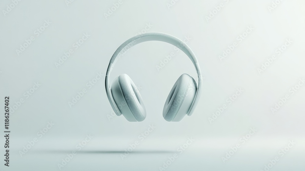 Poster modern white wireless headphones hovering in a minimalist light blue studio setting, creating a stri