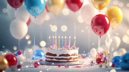 A whimsical birthday-themed scene featuring balloons cake and sparkling decorations