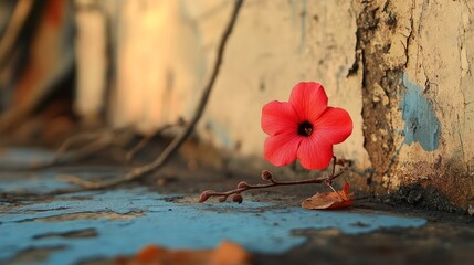 Resilient red flower growing from a vine emerging through a crack in a destroyed building. Symbol of hope, renewal, and strength amidst urban decay and destruction.