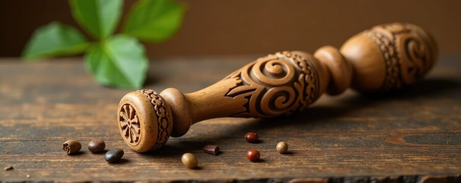 Wooden massage tool with intricate carvings on a wooden table, wellness, relaxation, natural