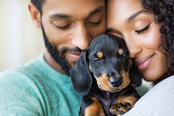 Loving couple cuddling their sleepy dachshund puppy in a tender and heartwarming moment.