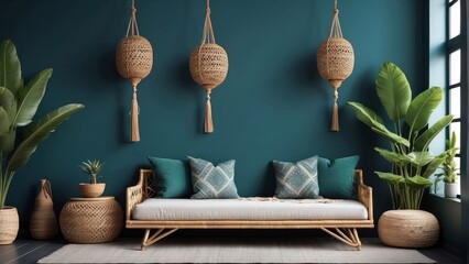 Interior design of ethno style living room with rattan furniture, daybed, pouf, hanging decoration