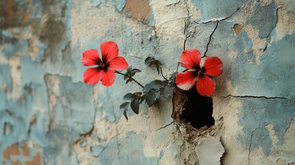 Resilient red flower growing from a vine emerging through a crack in a destroyed building. Symbol of hope, renewal, and strength amidst urban decay and destruction.
