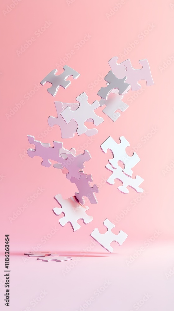 Aufkleber White jigsaw puzzle pieces are levitating on a pink background, creating a visually appealing and thought provoking image related to problem solving, strategy, and connection