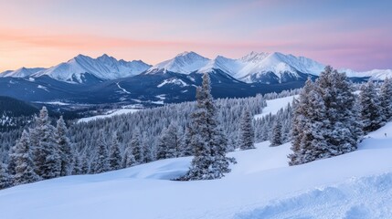 Obraz premium Serene Winter Sunrise in the Rocky Mountains: A Breathtaking Panorama of Snow-Covered Peaks and Evergreens