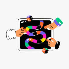 Board game with snakes and dice in flat vector illustration symbolizing strategy, fun, and entertainment, isolated on white background