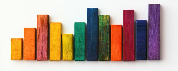 colorful wooden blocks graph on white background, vibrant hues form abstract representation of data, emphasizing creativity and playfulness in design