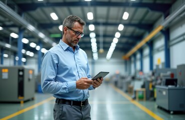 Businessman uses digital tablet in modern factory. Manager examines tech details. Works in industrial hall. Looks at digital info. Contemporary factory setting. Man focused on task. Man in suit.