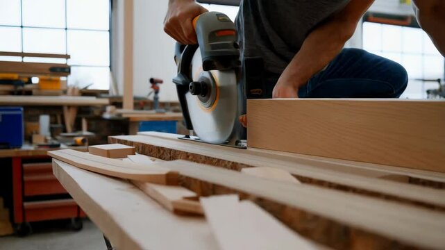 Craftsman skillfully cuts wood with circular saw in workshop setting