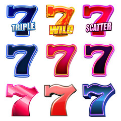 A collection of diverse lucky '7' slot machine symbols in vibrant colors and styles. 3D illustation.