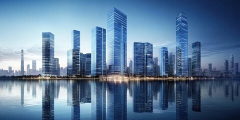 Fototapeta premium A sleek and modern cityscape with towering skyscrapers reflecting in the water, representing urban development and technological innovation. 