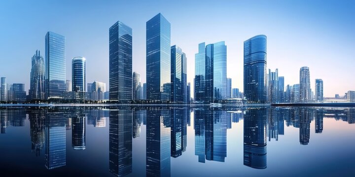  A sleek and modern cityscape with towering skyscrapers reflecting in the water, representing urban development and technological innovation. 