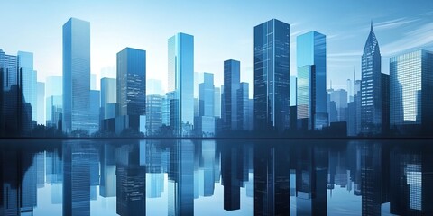 Fototapeta premium A sleek and modern cityscape with towering skyscrapers reflecting in the water, representing urban development and technological innovation. 