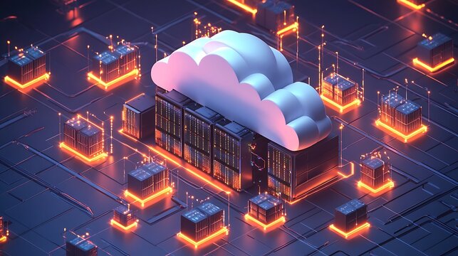 Cloud server network data center glowing.
