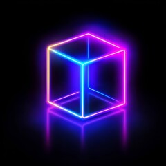 A glowing, neon cube floats in a dark space, showcasing vibrant blue and pink lines with a reflective surface.
