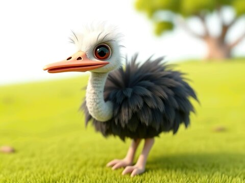 Happy cute ostric cartoon 3d rendering illustration