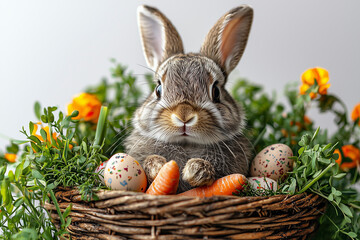 Easter bunny in basket with eggs and carrots