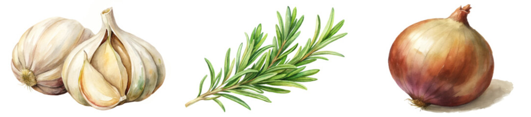 Fototapeta premium Fresh garlic bulbs, aromatic rosemary sprig, vibrant onion, culinary ingredients, natural colors, food illustration, healthy cooking.