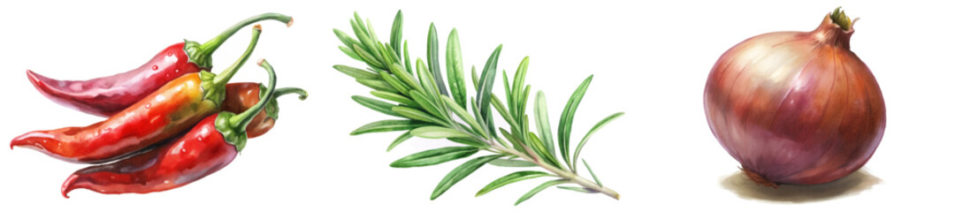 Fresh red chilies, aromatic rosemary sprigs, vibrant onion, culinary ingredients, food illustration, natural colors, kitchen decor.