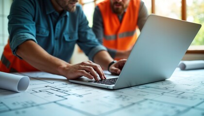 Two construction workers use laptop to review building plans on construction site. Check details on blueprints. Project management team reviews building documentation. Collaboration, teamwork in