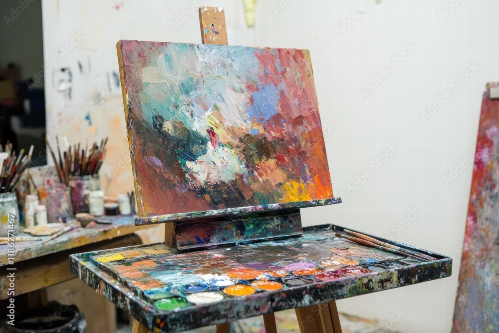 Aufkleber artistic workspace filled with color from a vibrant paint palette, brushes, and an easel ready for c