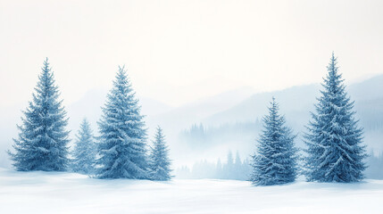 Winter landscape with snow-covered evergreen trees in a serene mountain setting