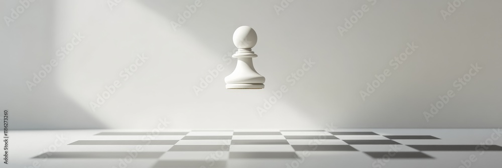 Poster white chess pawn levitating over a checkered board in a minimalist white room illuminated by a ray o