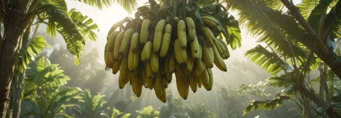 A few green banana bunches hanging from the branch of a banana tree basking in the warm morning sunlight, foliage, green bananas