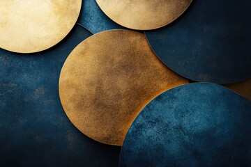 Golden and Blue Circular Shapes Create a Striking Contrast Against a Dark Textured Background in Minimalistic Abstract Design