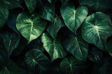 Obraz premium Fresh green leaves glistening with dewdrops under natural light highlighting eco-friendly textures and inviting composition for creative projects