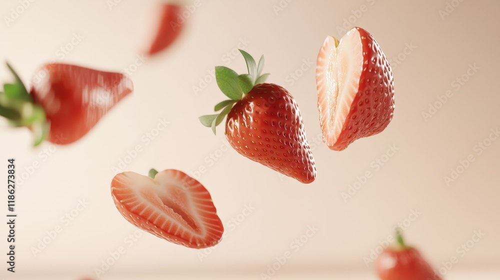 Poster ripe strawberries and freshly cut slices levitating against a soft pastel background, creating a vib