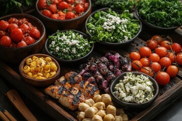 authentic greek cuisine feast with traditional dishes including fresh salad, meze, fish, and dolma arranged on rustic wooden table