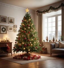 A festive Christmas tree in a living room with ornaments and lights, holiday cheer, warm glow, merry mood