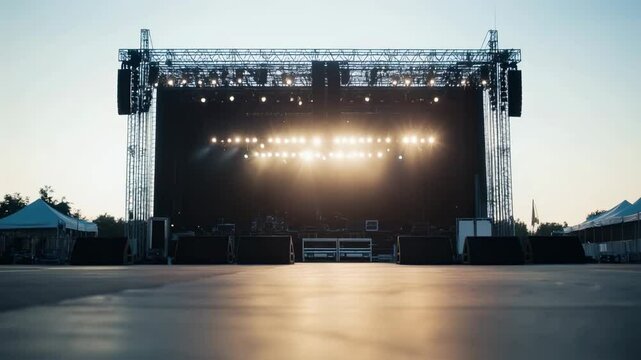Outdoor Concert Stage Illuminated by Bright Lights at Sunset Vibrant Performance Event Filled with Anticipation and Music Sound.