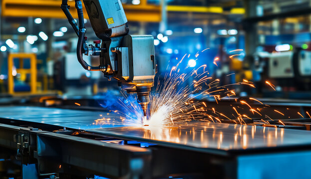Advanced CNC laser welding machine processing steel with bright sparks